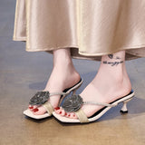 Bonnyshow  Summer New Slippers Women Shoes  Lady Fashion Square Head Water Diamond Rose Flower Thin High Heel Sandals Zapatos De Mujer