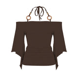 Bonnyshow  Fashion Beading Slim Fit Chic Women Halter Tops Bating Sleeve Solid Causal Simple Slash Neck Blouses