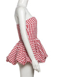 Bonnyshow  Print Red White Checkered Chest Wrap Pleated Fluffy Hem Sleeveless Backless Vacation Versatile Beach Party Trend Tops