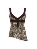 Bonnyshow Contrast Patchwork Leopard Print Slim Asymmetrical Tank Vest Female V Neck Y2K Summer Camisole Tops