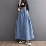 Bonnyshow  Spring Summer Women Denim Suspender Long Skirt Loose Casual Punk Vintage Style Cargo Female Popular Large Swing Dress Z691