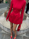 Bonnyshow Bows Long Sleeve Sexy Red Mini Dress For Women Solid Long Sleeve Bodycon A-Line Dress Elegant Autumn Winter Partywear