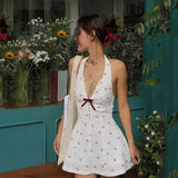 Bonnyshow  Dopamine Lovely Cherry Floral Bow Wooden Ear Dress Sexy Mini  Sleeveless Deep V Neck Women Dresses Summer Beach Party