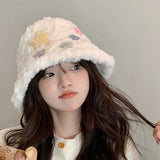 Bonnyshow Cute Star Plush Bucket Hat  Women Winter Warm Thicken Female Fisherman Cap Y2K Sweet Girls Ear Protection Hats