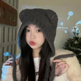 Bonnyshow Winter Knitted Plush Hat Women Cute Cartoon Bear Ear Ear Protection Cap Korean Autumn Solid Color Warm Windproof Hats