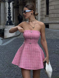 Bonnyshow  Sexy Off Shoulder Women 's Mini Dress Solid Backless Sleeveless Unique Button Dressess Lady 2025 Summer New Lady Beach Vestidos