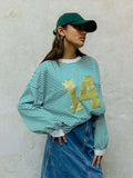 Bonnyshow  Casual Striped Patchwork Tops Women Loose O-neck Number Print Long Sleeve Lady Shirts 2024 Autumn Fashion New Female Streetwears