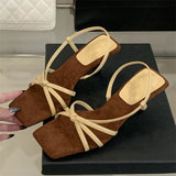 Bonnyshow  New Design Narrow Band Women Sandals Summer Square Open Toe Thin Heels Party Dress Slip-on Ladies Shoes