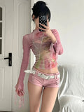 Bonnyshow Japanese Y2k Mesh Tops 2000s Aesthetics Pink T-shirt Korean Fairycore Women Sexy Crop Long Sleeve Sheer Tops Harajuku Lolita 00s