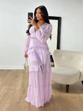 Bonnyshow  Women Elegant Layered Ruffles Patchwork Long Dress Chic V Neck Puff Full Sleeves Split Maxi Dresses Fashion Lady Party Robes