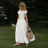 Bonnyshow  Solid Pleated Short Sleeve Women Dress Minimalist Waist Loose Skirt 2025 Summer Casual Female Vestido Daily Commuting Lady Robe