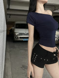 Bonnyshow  New Navy Blue Off Shoulder Pure Cotton Short Sleeve T Shirt Women Summer Korean Style Short Top