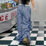 Bonnyshow  Y2k Letter Print Striped Wide Leg Pants Streetwear Baggy Trousers Women Drawstring Pocket Casual Pants Summer Clothing