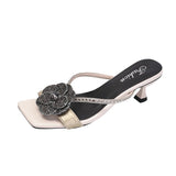 Bonnyshow  Summer New Slippers Women Shoes  Lady Fashion Square Head Water Diamond Rose Flower Thin High Heel Sandals Zapatos De Mujer