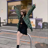 Bonnyshow  Green Plaid Shirt Women'S Autumn New Versatile Layering Loose Lazy Style Casual Long Sleeve Shirt Jacket