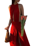 Bonnyshow  Women Red Sleeveless O-neck Fold Backless Dresses Sexy Vacation Ladies Show Waist Mid-calf Evening Dress 2025 Summer Fashion New