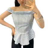 Bonnyshow  Short-Sleeved Shirt With Off-The-Shoulder Boat Neck Tank Tops Plaid Backless Summer Basic Vest Sleeveless Slim Aesthetic Clothes