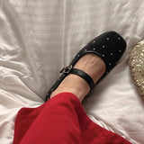 Bonnyshow  Square Toe Red Rivet Mary Jane Shoes Women Elegant Spring Autumn Flats Shoes Ladies Shallow Casual Black Loafers Footwear 2025