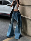 Bonnyshow  Retro Washed Fake Two Piece Spliced Flare Jeans for Women Spring and Summer New Stylish Spicy Girl Loose Casual Pants