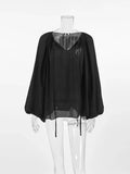 Bonnyshow Sexy Micro Transparent Chiffon Shirt Black Loose V-neck Long Sleeved Women's Versatile Niche Lace Up Shirt Autumn New