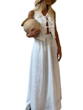 Bonnyshow  Loose Long Skirt Set Woman 2 Pieces Lace Up O-neck Sleeveless Tops High Waist A-line Skirt Lady 2025 Summer Casual Streetwear