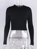 Bonnyshow O Neck Long Sleeve Shirt Women Ribbed Sexy Cropped Tops Spring Black Casual Skinny Slim Basic Woman T Shirts White