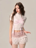 Bonnyshow  Women Summer Half High Collar Short-sleeved Bow Short T-shirts + College Style Girlish Spliced Lace Cake Culottes Two-piece Set