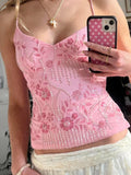 Bonnyshow  Fashion Beading Floral Print Sequin Slim Fit Sexy Y2k Women Camisole Tops Backless Embroidered Design Blouses