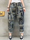 Bonnyshow Fashion Printed Cotton Linen Harem Pants for Women Summer Casual High Waist Calf-Length Loose Trousers Female Streetwear