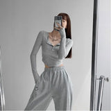 Bonnyshow Sexy T-shirts Women Slim Y2k Trendy Tops Autumn Crop Popular Korean Style Button Long Sleeve Cute Camisetas Leisure Girlish BF