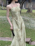 Bonnyshow  Summer Elegant Vintage Floral Dress Office Lady Casual Sleeveless Strap Midi Dress Women Even Party One Piece Dress Korean