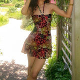 Bonnyshow  Full Floral Printed Beaded Halter-neck Dress Holiday Boho Aesthetic Ruffle A-line Mini Sundress Hotsexy Retro Outfits