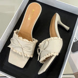 Bonnyshow  Elegant Lace Bow Decorated Brand Slipper Women Fashion Square Toe Thin Heel Slide Sandal Sweet Party Dress Shoe Zapatos De Mujer