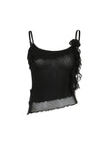 Bonnyshow Summer Vacation Camisole Women Solid Tie Flower Irregular Two Layer Mesh Slim Crop Top