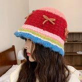 Bonnyshow Bowknot striped Crochet Korean Handmade Bucket Hat Women Autumn Winter Weaving Knitted Cap Y2k Fashion Woolen Beanies Basin Caps