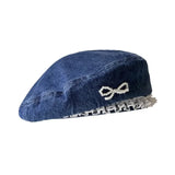 Bonnyshow Denim Pearl Bow Kont Beret Cap Korean Vintage Y2k Lace Hat Summer Designer Female Thin Denim Beach Travel Sunscreen Painter Cap