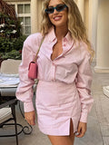 Bonnyshow  Stripe Mini Skirt Sets Women 2 Pieces New Long Sleeved Women Suit Casual Two Piece Set Summer Women Vacation Outfit 2025