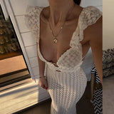 Bonnyshow Deep V Neck Sexy Dresses Women Sleeveless Slim High Waist Long Dress Femme Elegant Holiday Knitted Beach Dress Woman