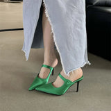 Bonnyshow  Satin Button Pointed Toe Mules Pumps Women Slipper Fashion Shallow Thin High Heels Ladies Shoes