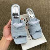 Tassel Denim Slippers Women Summer Vintage Blue High Heels Sandals Casual Streetwear Heeled Ladies Shoes Fashion Slides New 2025