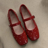 Bonnyshow  Square Toe Red Rivet Mary Jane Shoes Women Elegant Spring Autumn Flats Shoes Ladies Shallow Casual Black Loafers Footwear 2025