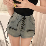 Bonnyshow Summer Bandage Sexy Denim Shorts Blue Women Streetwear Jeans Mini High Waist Slim Lace Up Casual Zipper Goth Club Fashion