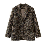 Bonnyshow Vintage Leopard Women's Jacket Suit Casual Turndown Collar Women Coat Fashion V-neck Long Sleeve Jackets Autumn New Coats