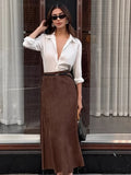 Bonnyshow Autumn Retro New Fashionable Matte Fleece Half Skirt Brown Slim Fit High Waisted Straight Leg Women's Casual Long Skirt