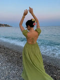 Bonnyshow  Olive Green Off Shoulder Puff Sleeve Maxi Dress Women Ruched Elastic Waist 2025 New Summer Beach Vacation Date Lady Vestidos