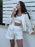Bonnyshow  Female Solid Ruffle Loose Blouses Shorts Sets Casual High Street Ladies Full Sleeves V-neck Shirt 2 Piece Suits Summer Fashion