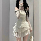 Bonnyshow Sexy Off Shoulder Slim Fit Long Sleeve T-shirt for Women+ Y2k High Waist Ruched Cake Skirts 2024 Summer New Two Piece Sets