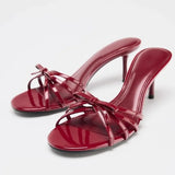 Bonnyshow  Women's Shoes Summer New Bow High Heels, Red Slim Heels Slippers, Fashionable Retro French Women's Sandals Sandal