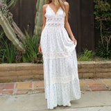 Bonnyshow  Women Lace Patchwork Maxi Dress Backless Boho Floral Long Dress Spaghetti Strap V Neck Low Cut Flowy Sunderss