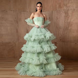 Bonnyshow Beautiful Mini Green Sparkle Beaded Long Evening Dresses With Ruffles Trimmed Details Shiny Squined Princess Long Gons